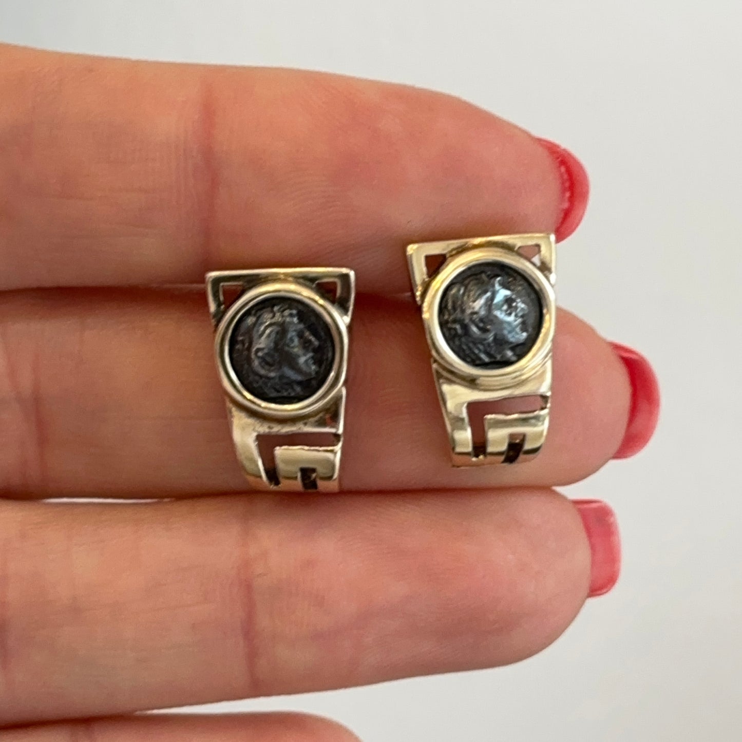 Estate 14K Yellow Gold Silver Roman Coin Greek Key Drop Post Earrings