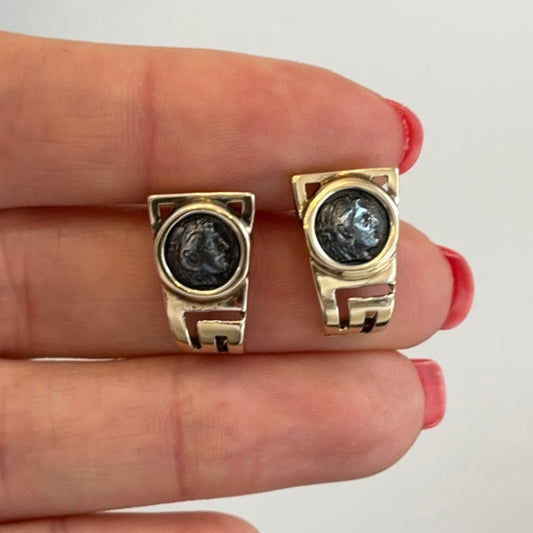Estate 14K Yellow Gold Silver Roman Coin Greek Key Drop Post Earrings