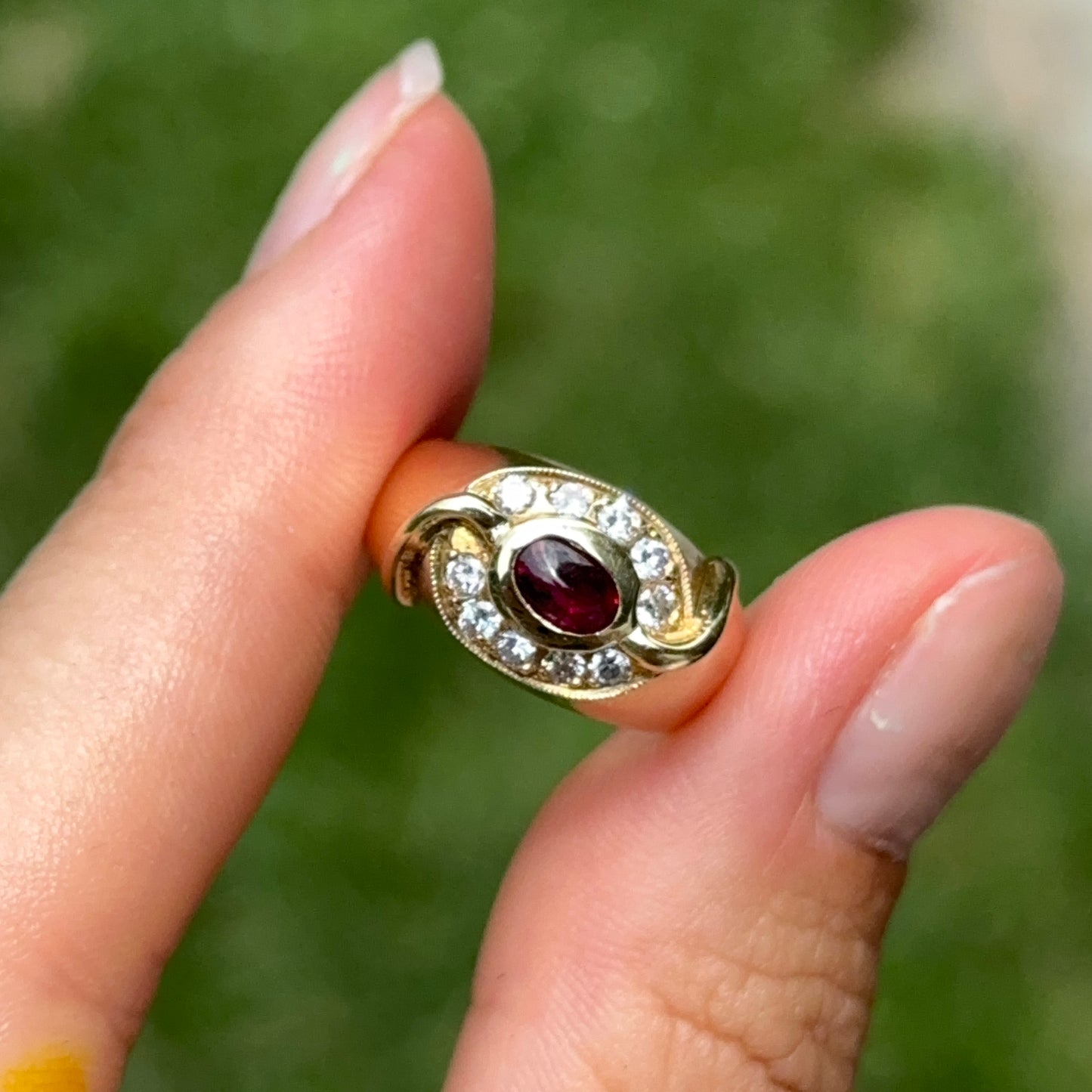 Estate 18KT Yellow Gold Oval Cabochon Ruby + Bead Set Diamonds Ring