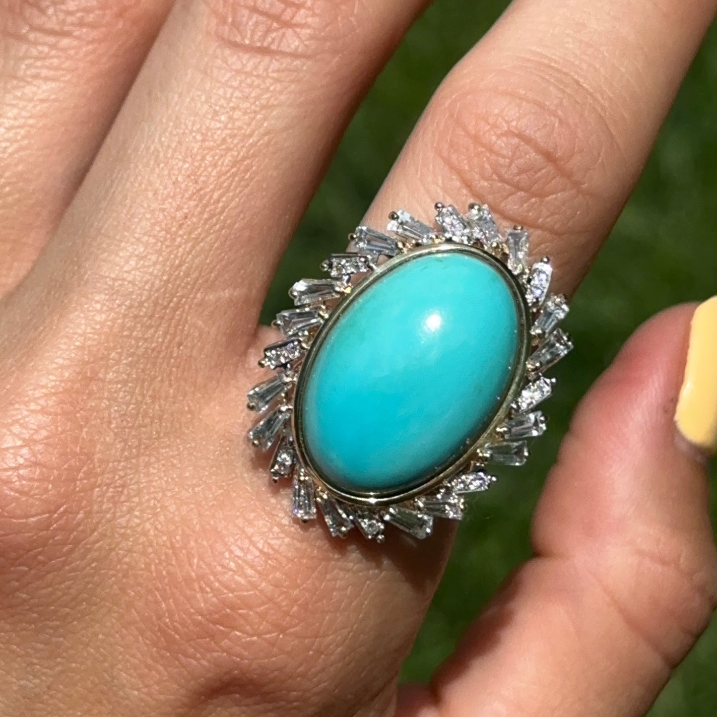Estate 14KT Yellow Gold Oval Turquoise + Baguette Aquamarine Diamond Ring
