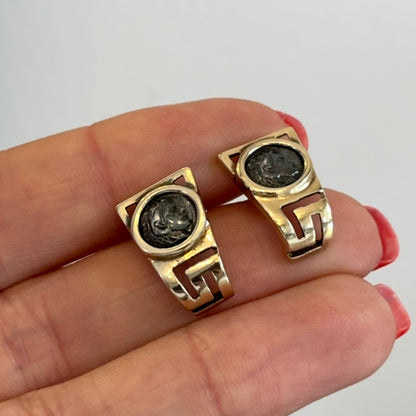 Estate 14K Yellow Gold Silver Roman Coin Greek Key Drop Post Earrings