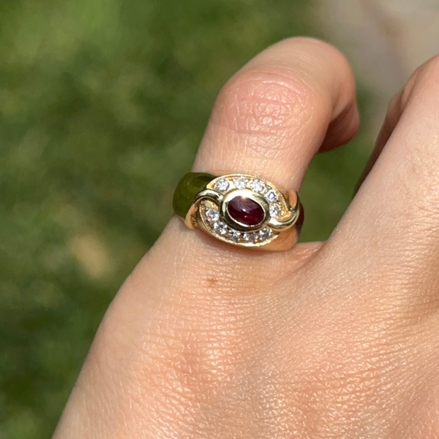 Estate 18KT Yellow Gold Oval Cabochon Ruby + Bead Set Diamonds Ring