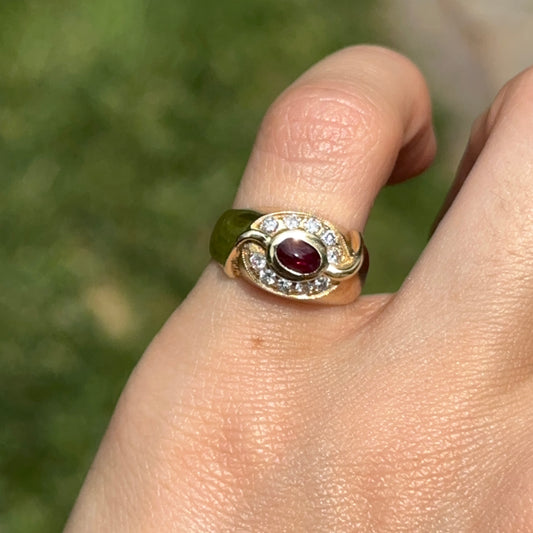 Estate 18KT Yellow Gold Oval Cabochon Ruby + Bead Set Diamonds Ring