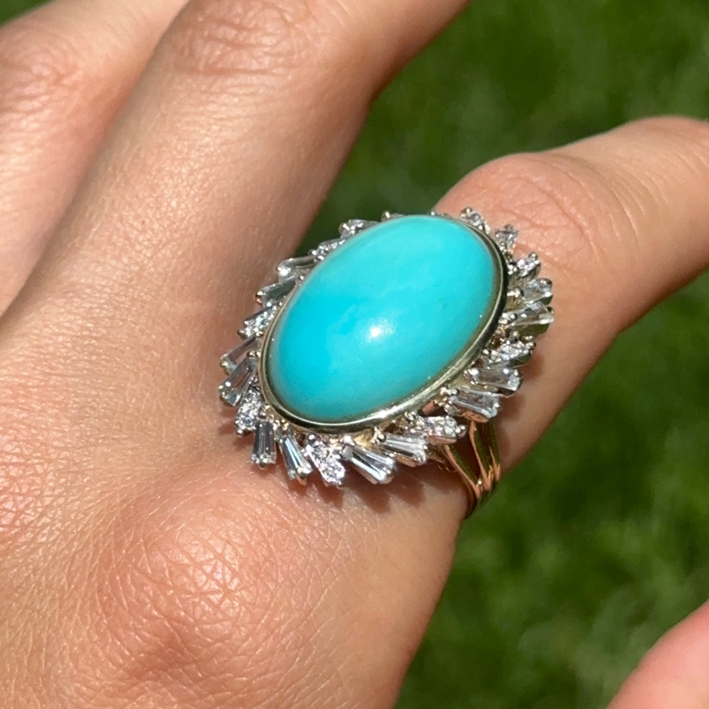 Estate 14KT Yellow Gold Oval Turquoise + Baguette Aquamarine Diamond Ring