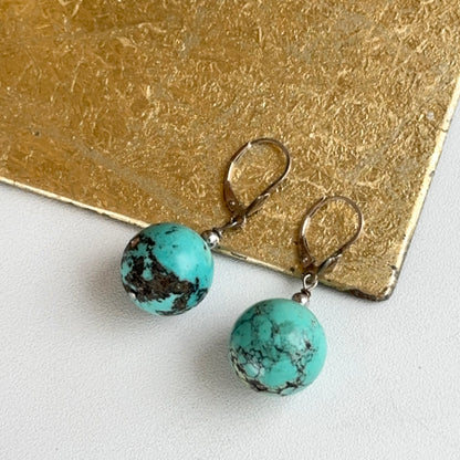 Sterling Silver Round Turquoise Ball Drop Dangle Earrings