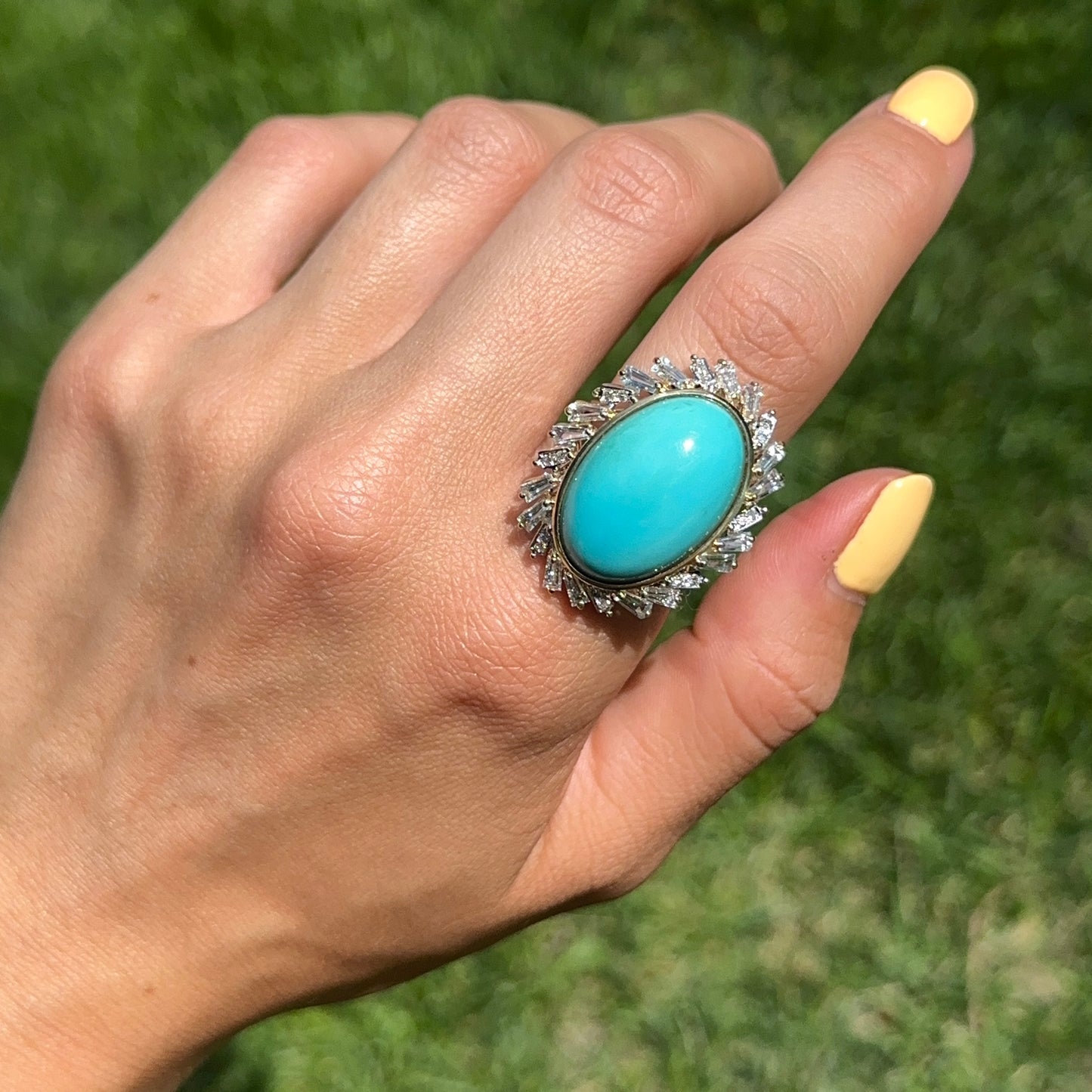 Estate 14KT Yellow Gold Oval Turquoise + Baguette Aquamarine Diamond Ring