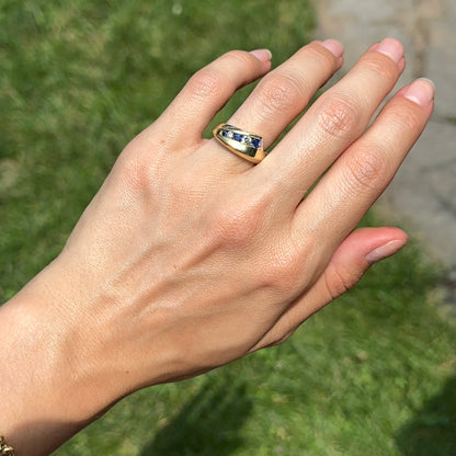 Estate 18KT Yellow Gold Round Blue Sapphire + Diamond Channel Set Ring