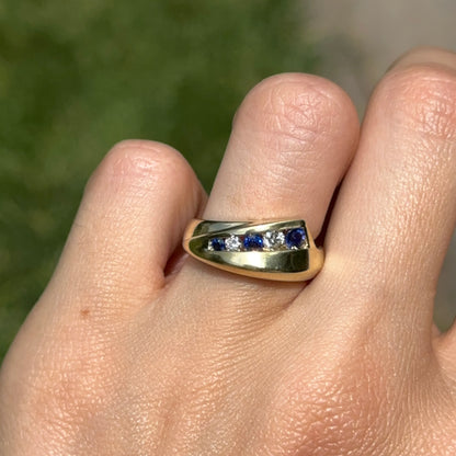 Estate 18KT Yellow Gold Round Blue Sapphire + Diamond Channel Set Ring