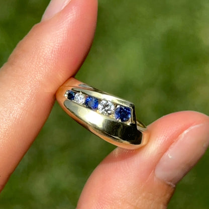 Estate 18KT Yellow Gold Round Blue Sapphire + Diamond Channel Set Ring