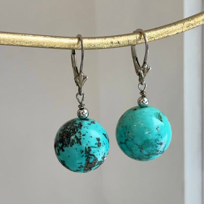 Sterling Silver Round Turquoise Ball Drop Dangle Earrings