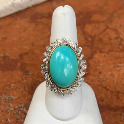 Estate 14KT Yellow Gold Oval Turquoise + Baguette Aquamarine Diamond Ring