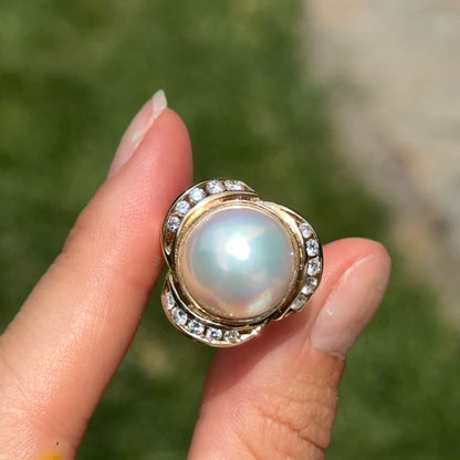 Estate 14KT Round Mabe Pearl + Channel Set Diamond Ring