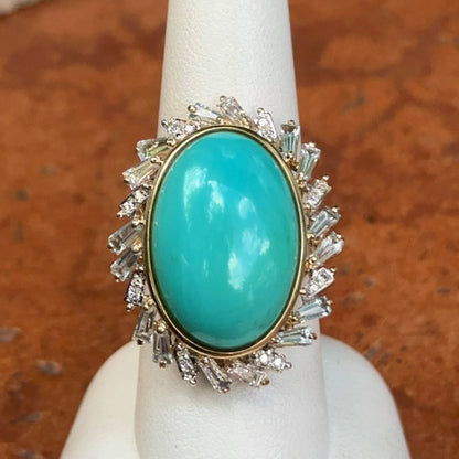 Estate 14KT Yellow Gold Oval Turquoise + Baguette Aquamarine Diamond Ring