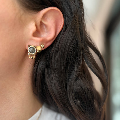 Estate 14K Yellow Gold Silver Roman Coin Greek Key Drop Post Earrings