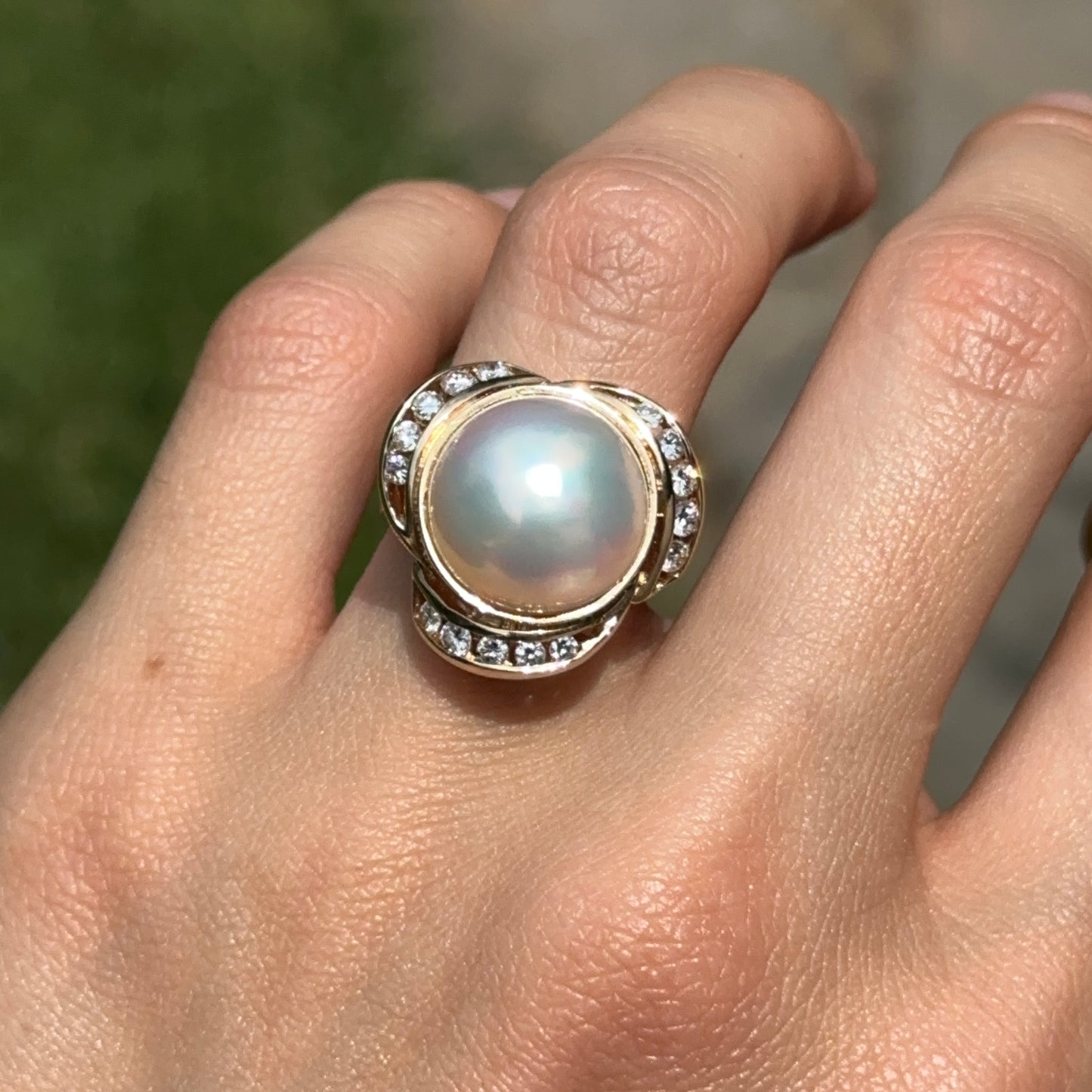 Estate 14KT Round Mabe Pearl + Channel Set Diamond Ring