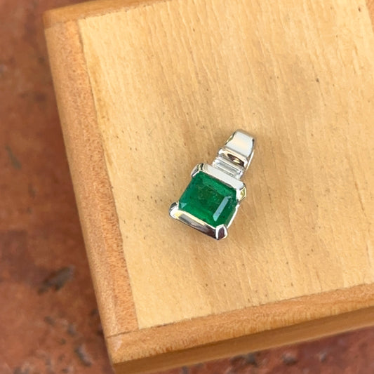 14KT White Gold Emerald-Cut Colombian Emerald + Baguette Diamond Pendant Slide