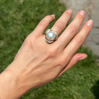 Estate 14KT Round Mabe Pearl + Channel Set Diamond Ring