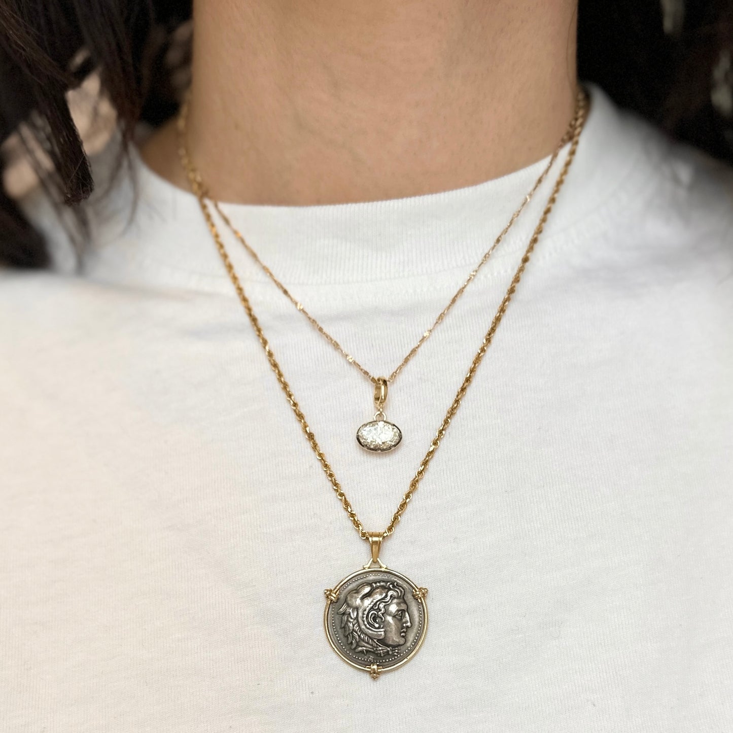 Estate 14K Yellow Gold Large Silver Double Sided Faux Roman Coin Pendant