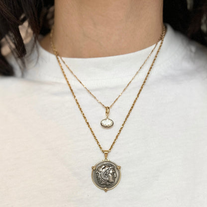 Estate 14K Yellow Gold Large Silver Double Sided Faux Roman Coin Pendant