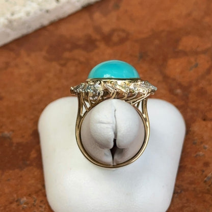 Estate 14KT Yellow Gold Oval Turquoise + Baguette Aquamarine Diamond Ring