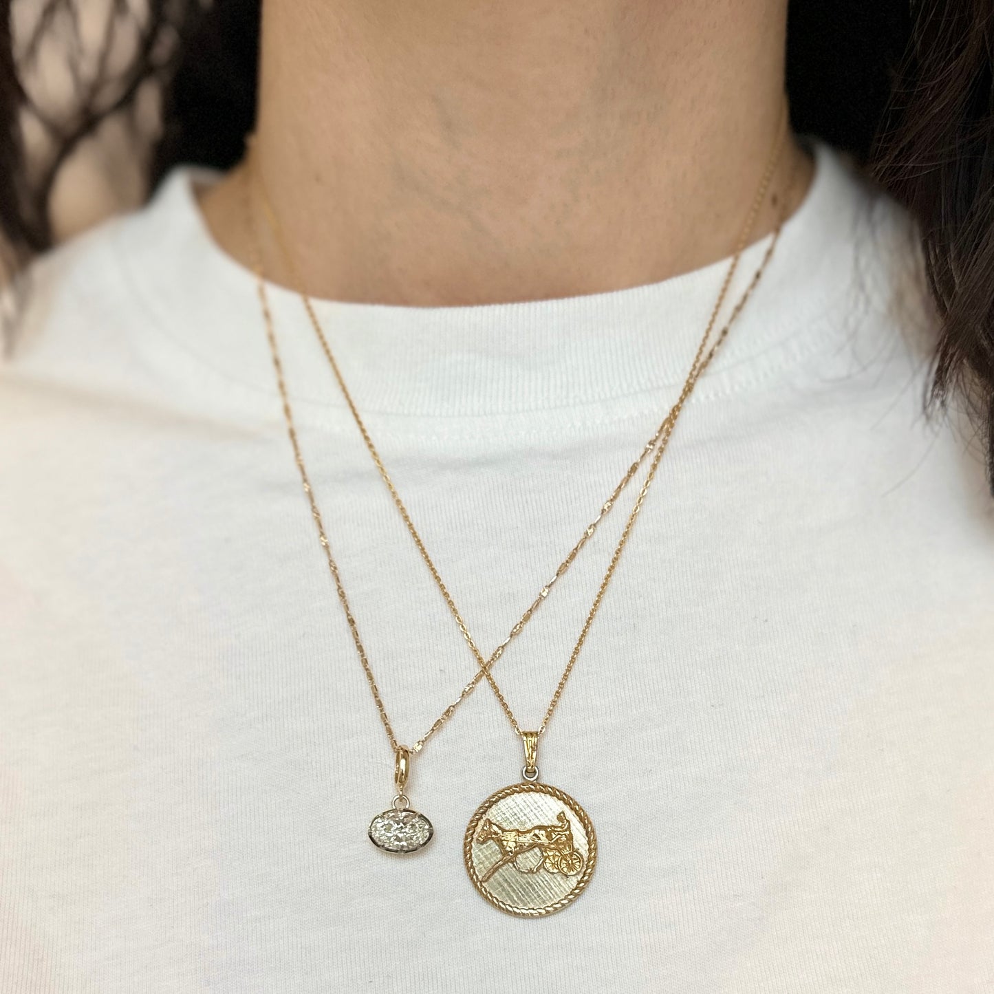 Estate Silver and Yellow Tone Round Horse Jockey Ribbed Bezel Pendant