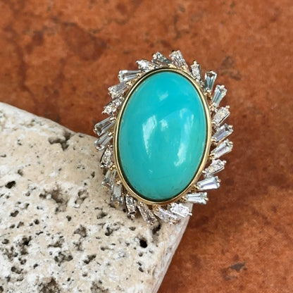 Estate 14KT Yellow Gold Oval Turquoise + Baguette Aquamarine Diamond Ring