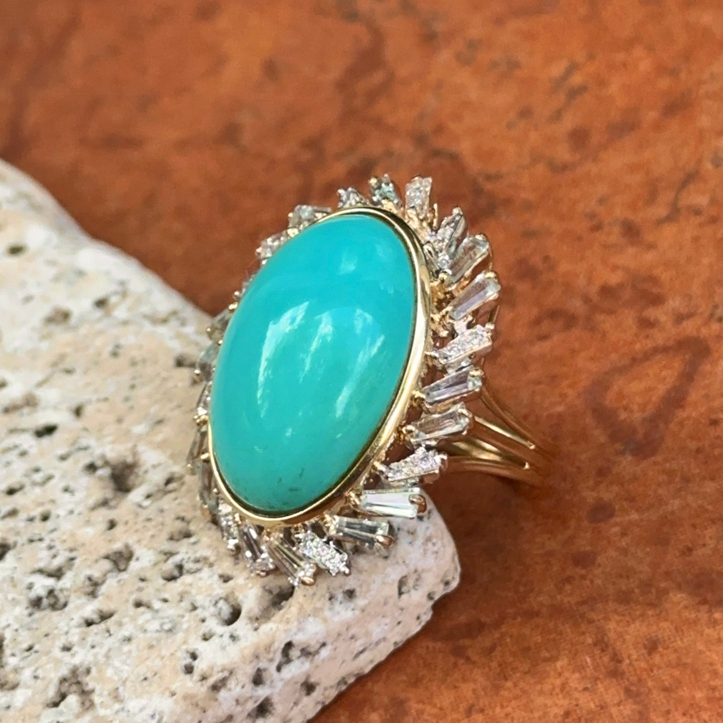 Estate 14KT Yellow Gold Oval Turquoise + Baguette Aquamarine Diamond Ring