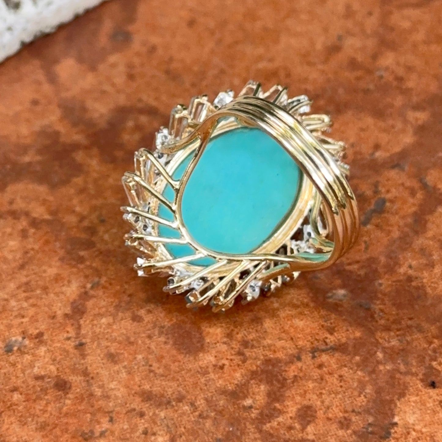 Estate 14KT Yellow Gold Oval Turquoise + Baguette Aquamarine Diamond Ring