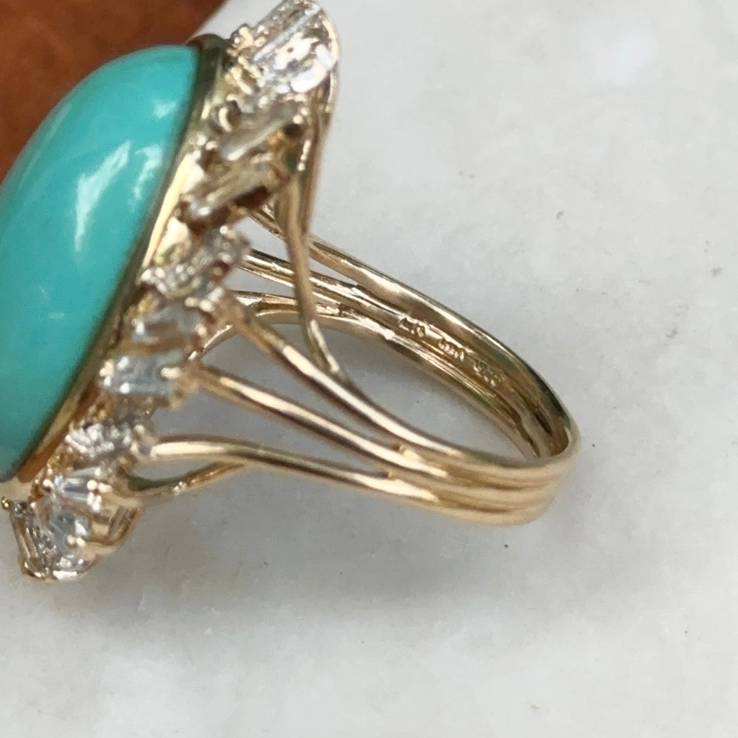 Estate 14KT Yellow Gold Oval Turquoise + Baguette Aquamarine Diamond Ring