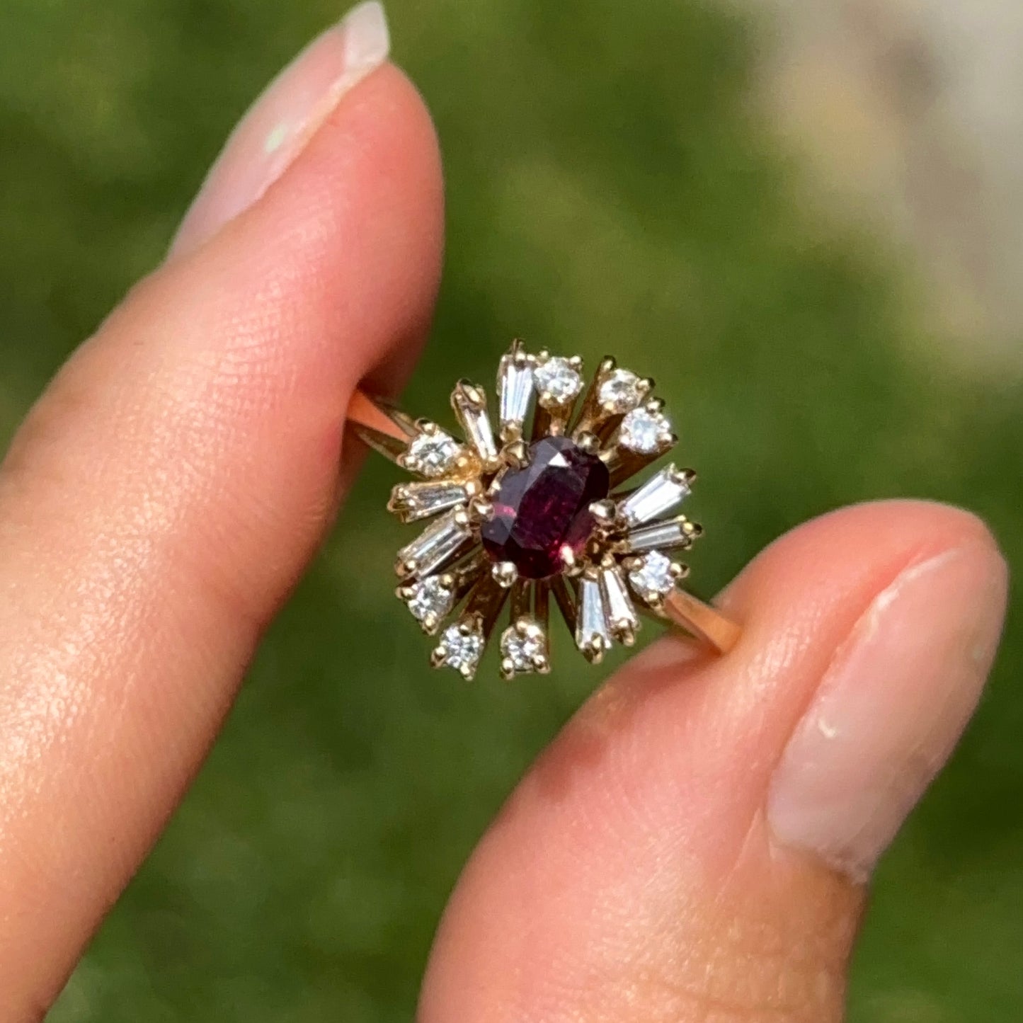 Estate 18KT Yellow Gold Oval Ruby + Cluster Round & Baguette Diamonds Ring