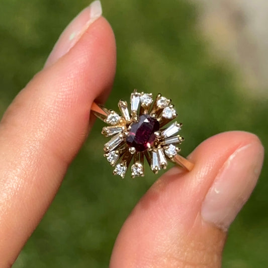 Estate 18KT Yellow Gold Oval Ruby + Cluster Round & Baguette Diamonds Ring