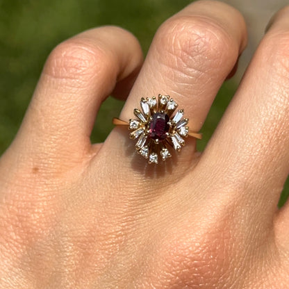 Estate 18KT Yellow Gold Oval Ruby + Cluster Round & Baguette Diamonds Ring