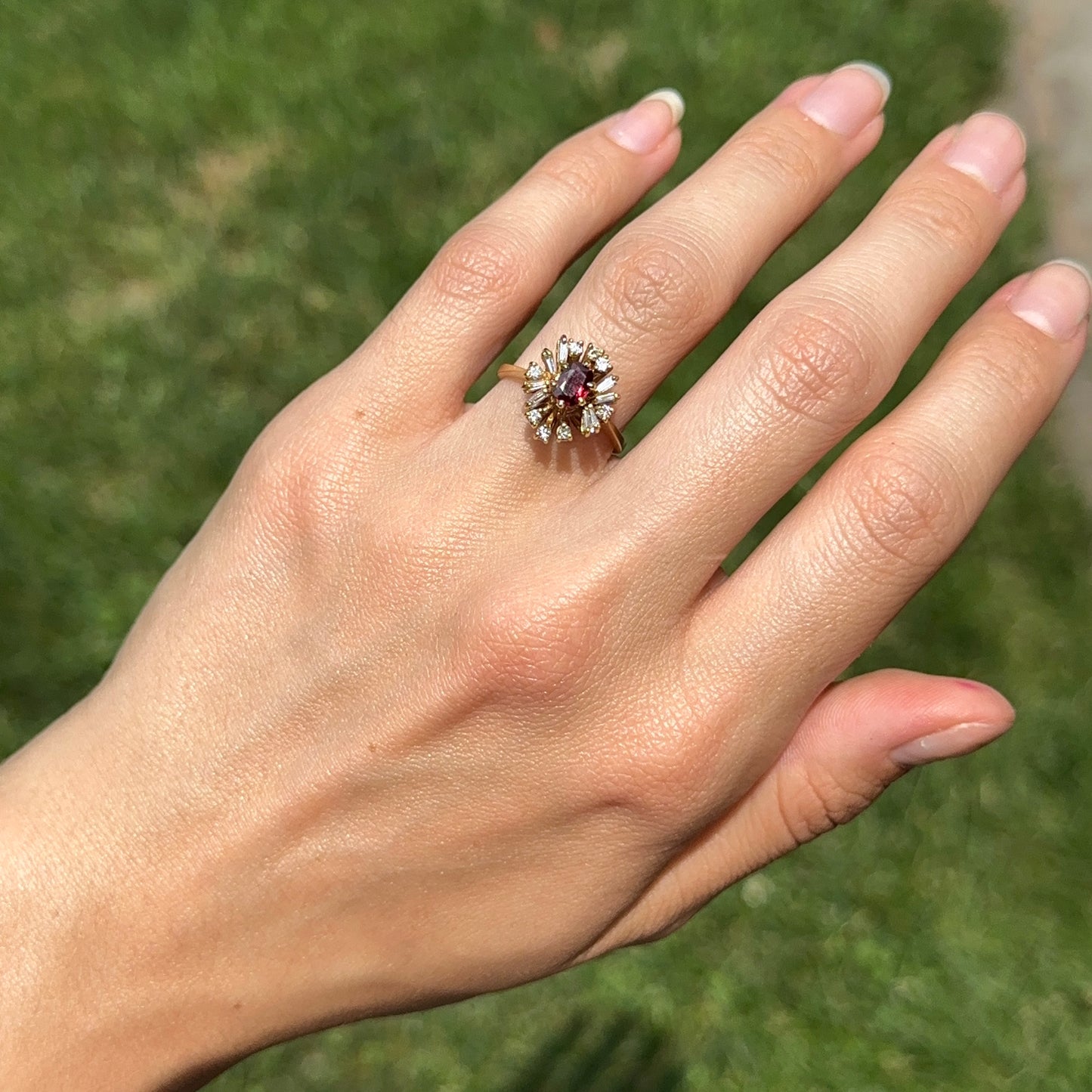 Estate 18KT Yellow Gold Oval Ruby + Cluster Round & Baguette Diamonds Ring