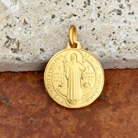 14KT Yellow Gold St Benedict Round Matte Medal Pendant 21mm