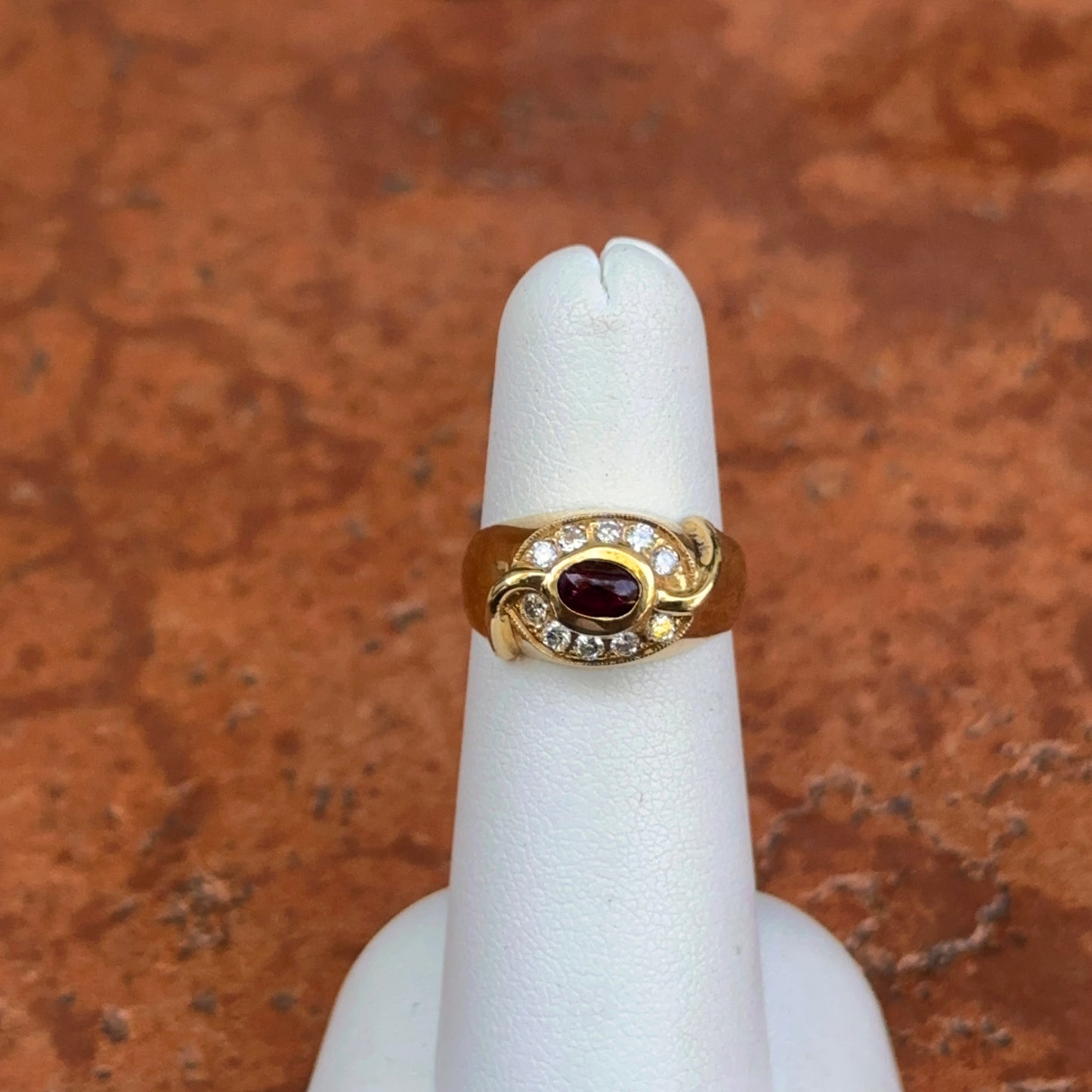 Estate 18KT Yellow Gold Oval Cabochon Ruby + Bead Set Diamonds Ring