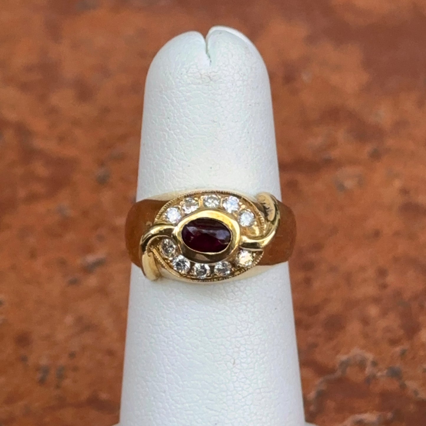 Estate 18KT Yellow Gold Oval Cabochon Ruby + Bead Set Diamonds Ring