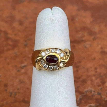 Estate 18KT Yellow Gold Oval Cabochon Ruby + Bead Set Diamonds Ring