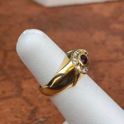 Estate 18KT Yellow Gold Oval Cabochon Ruby + Bead Set Diamonds Ring