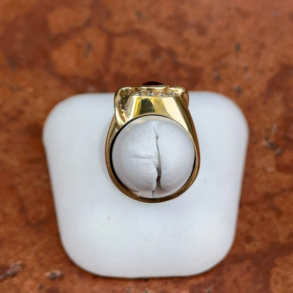 Estate 18KT Yellow Gold Oval Cabochon Ruby + Bead Set Diamonds Ring