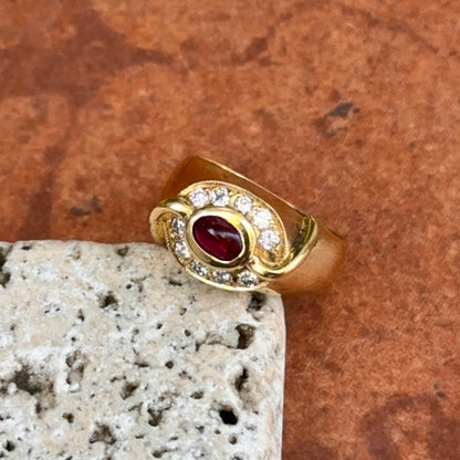 Estate 18KT Yellow Gold Oval Cabochon Ruby + Bead Set Diamonds Ring