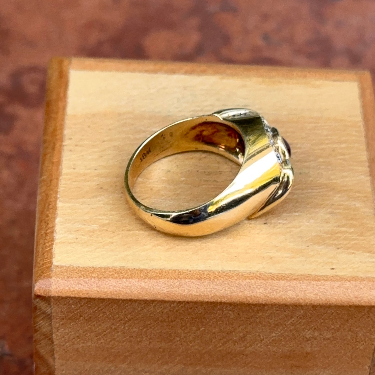 Estate 18KT Yellow Gold Oval Cabochon Ruby + Bead Set Diamonds Ring