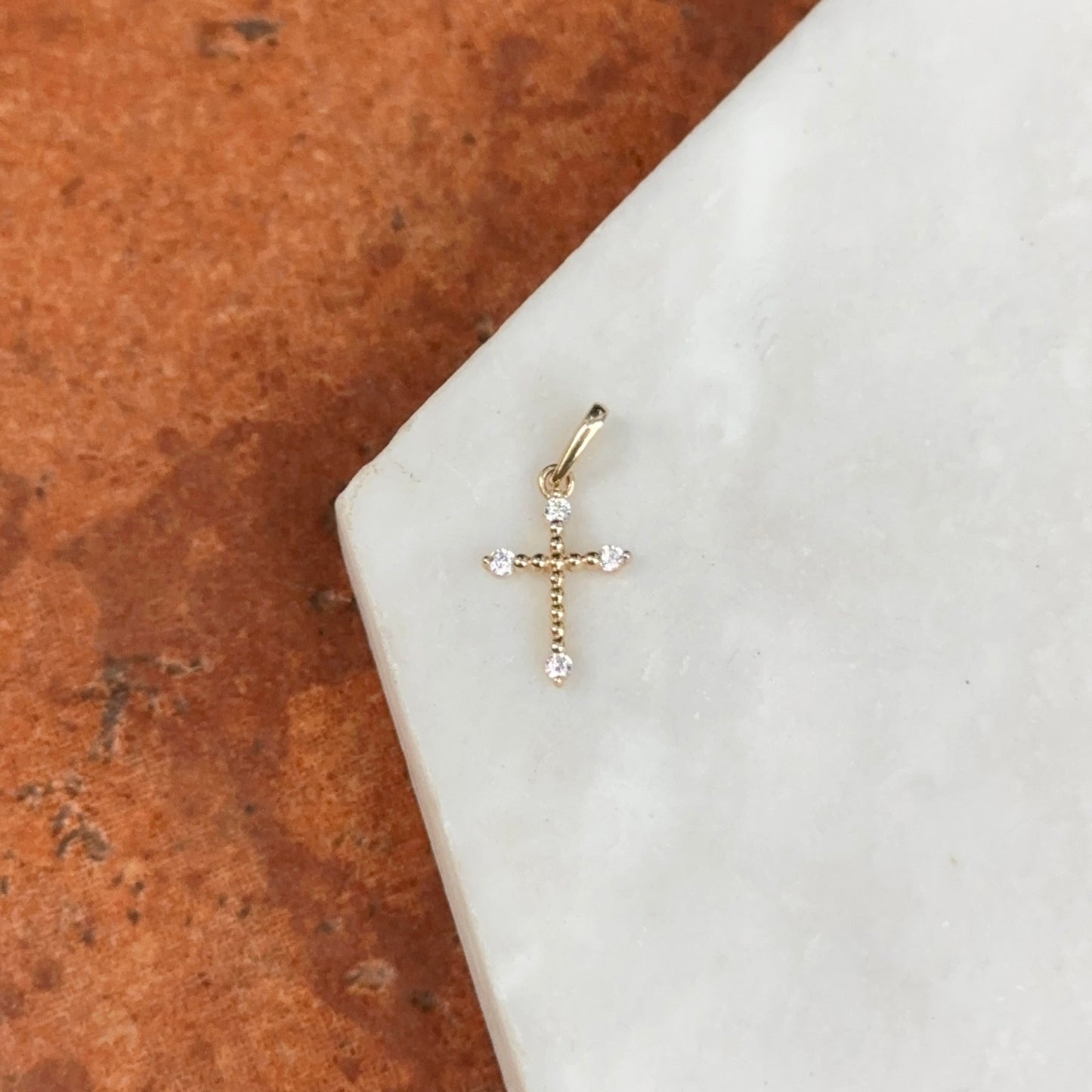 14KT Yellow Gold Cubic Zirconia Mini Budded Cross Pendant Charm