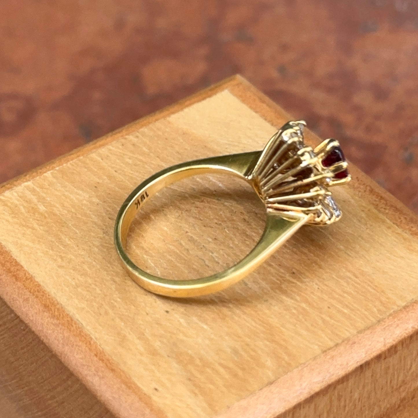 Estate 18KT Yellow Gold Oval Ruby + Cluster Round & Baguette Diamonds Ring