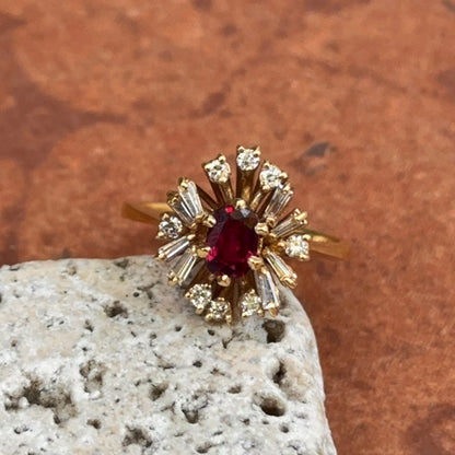 Estate 18KT Yellow Gold Oval Ruby + Cluster Round & Baguette Diamonds Ring