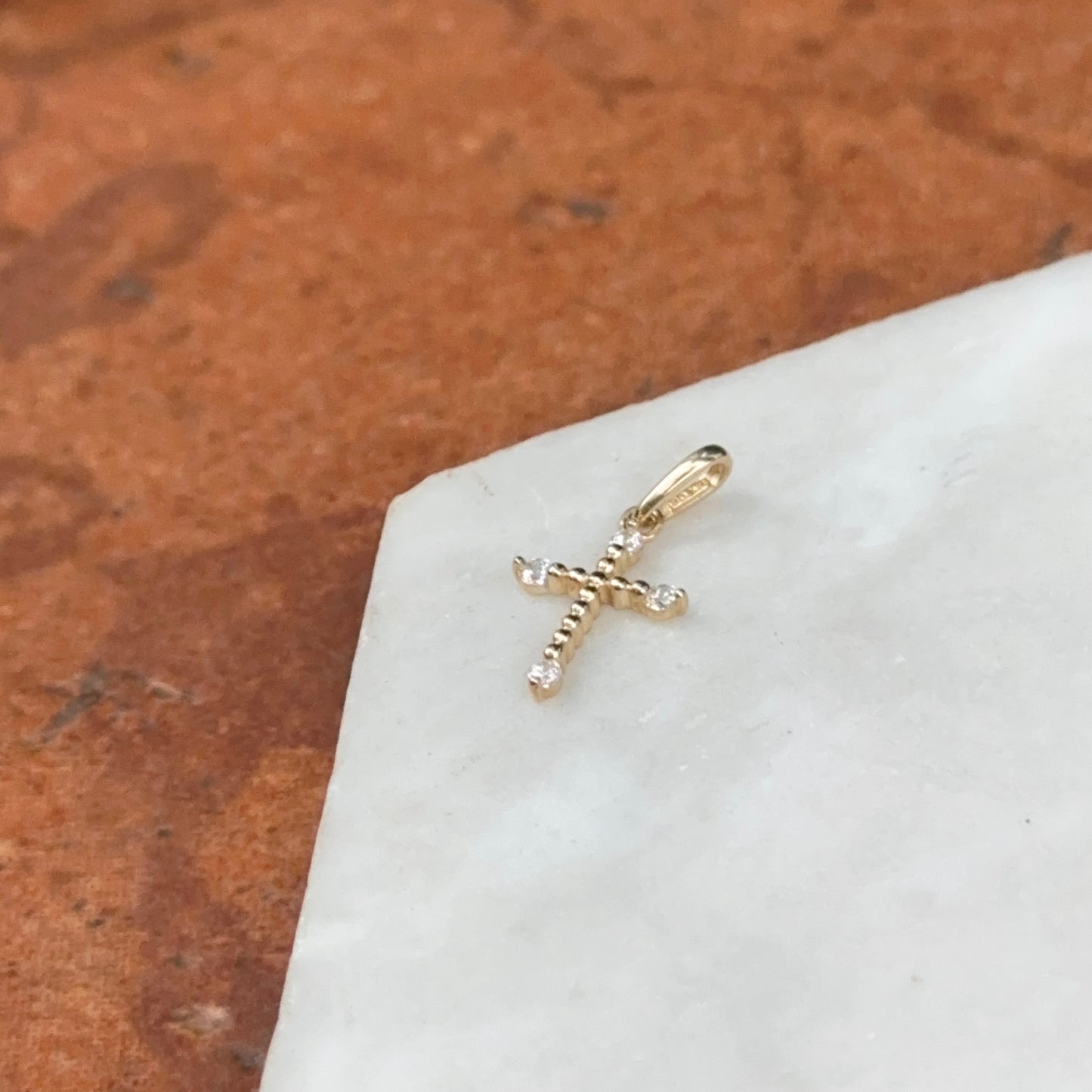14KT Yellow Gold Cubic Zirconia Mini Budded Cross Pendant Charm