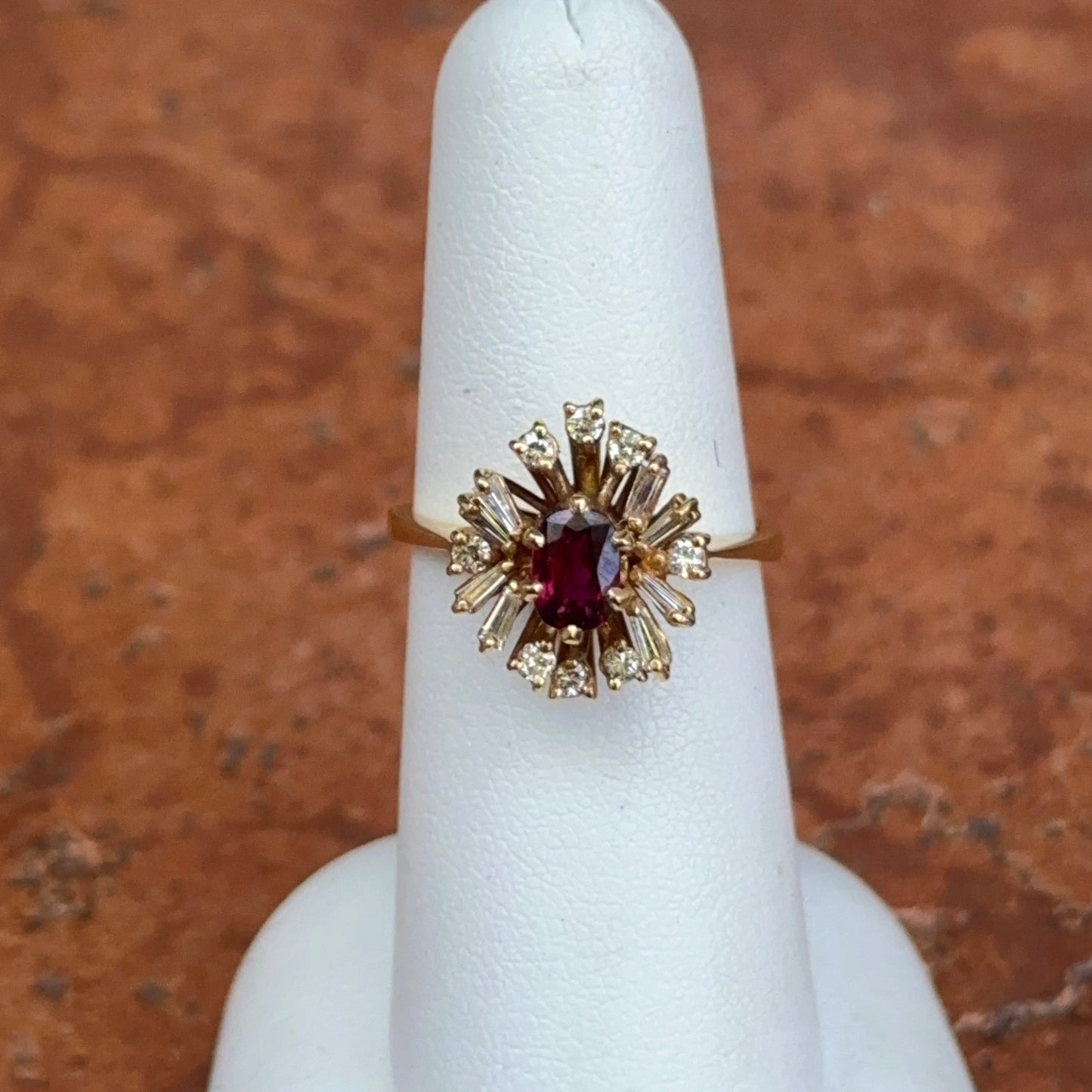 Estate 18KT Yellow Gold Oval Ruby + Cluster Round & Baguette Diamonds Ring