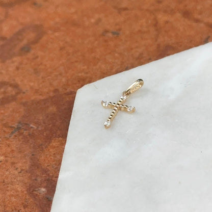 14KT Yellow Gold Cubic Zirconia Mini Budded Cross Pendant Charm