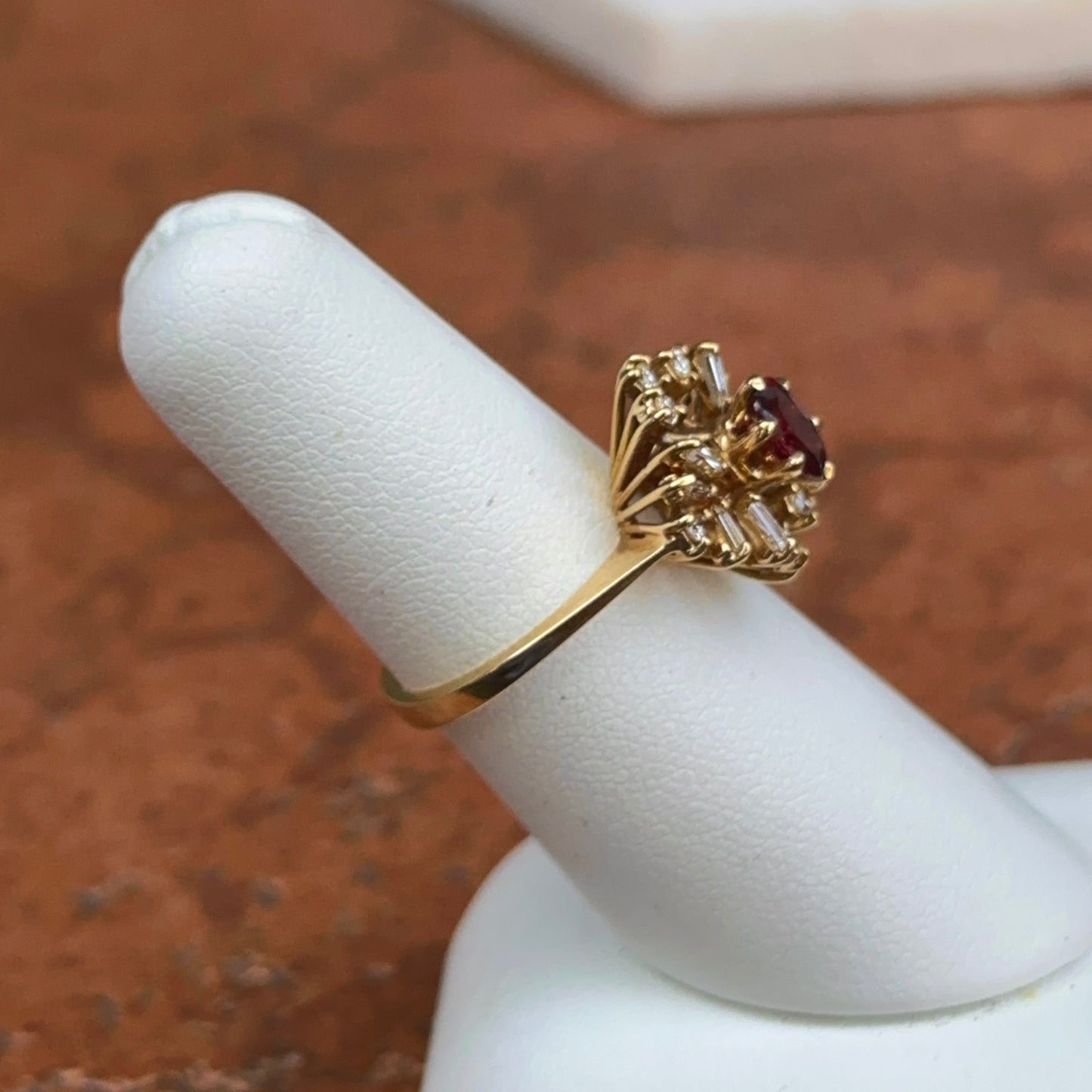 Estate 18KT Yellow Gold Oval Ruby + Cluster Round & Baguette Diamonds Ring