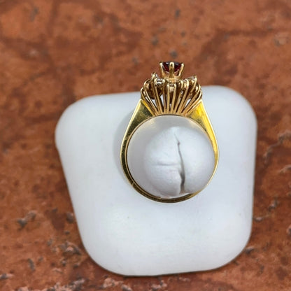 Estate 18KT Yellow Gold Oval Ruby + Cluster Round & Baguette Diamonds Ring