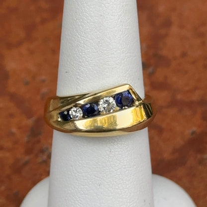 Estate 18KT Yellow Gold Round Blue Sapphire + Diamond Channel Set Ring
